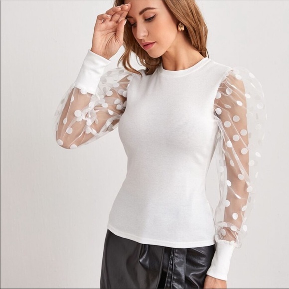 Sheer mesh polka dot sleeve long sleeve top black - Picture 7 of 12